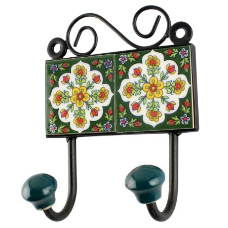 Forest Green Floral Ceramic Tile Hook